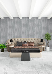 White bedroom minimal style Interior design with wood wall and grey sofa. 3D Rendering.