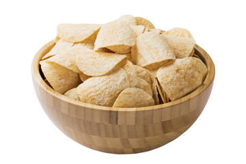 Wooden bowl of potato chips isolated on a white background