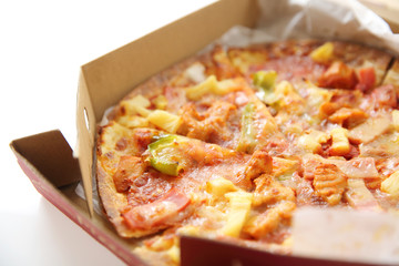 pizza , chicken green pepper pineapple in box isolated in white background