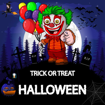 Halloween Party Design template, with clown, witch, pumpkin and lamp