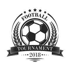 Football tournament vector logotype or emblem in retro style with stars, ribbon and laurel wreath.
