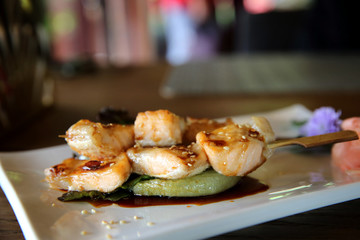 Grilled salmon stick , Salmon teriyaki , Japanese food