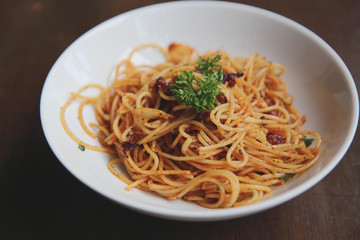 Spaghetti with chilli and garlic , spaghetti peperoncino , Italian food