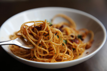 Spaghetti with chilli and garlic , spaghetti peperoncino , Italian food