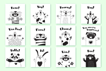 Fototapeta na wymiar Cards with funny animals and exclamations. Tiger Pig Bear Fox Sheep Cat Pug Panda Rabbit for the design of childrens parties, rooms, stickers, posters, t-shirts
