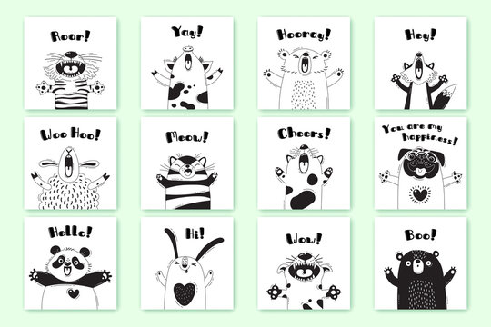 Cards with funny animals and exclamations. Tiger Pig Bear Fox Sheep Cat Pug Panda Rabbit for the design of childrens parties, rooms, stickers, posters, t-shirts
