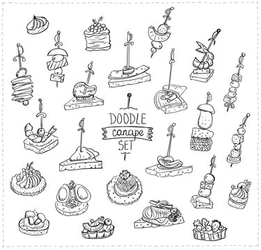 Fototapeta Hand drawn doodle illustration with canapes and sandwiches