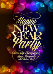 Happy New Year party poster design concept, multicolored confetti bokeh lights