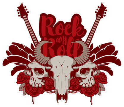 Vector illustration with skulls of a horned animal and human, electric guitar, feathers, red roses, drips of blood and inscription rock and roll