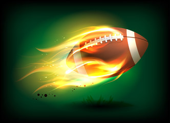 Vector illustration of an old classic leather rugby ball with laces and stitching in a fiery flame