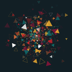 Abstract explosion from random placed colored triangles. Vector modern technology background