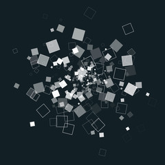 Abstract explosion from random placed monochrome squares. Vector modern technology background
