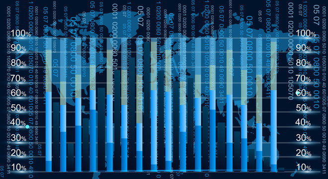 Blue graphic equalizer display vector illustration with copy space. Business diagram in flat style with world map on background. © Natalia