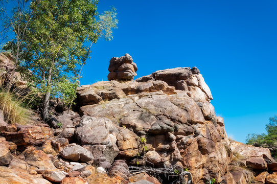 Rock formation looking like a monster with a small head on Leilyn Trail, Katherine, Australia,