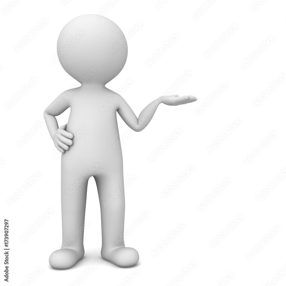 Poster 3d man presenter standing and showing your product on his hand with blank space isolated over white 