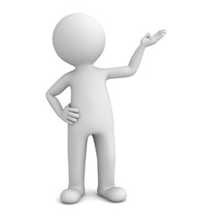 3d man presenter standing and pointing hand at blank space isolated over white background with shadow . 3D rendering.
