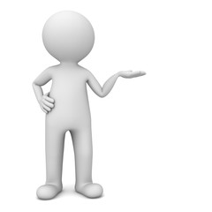3d man presenter standing and showing your product on his hand with blank space isolated over white background with shadow . 3D rendering.