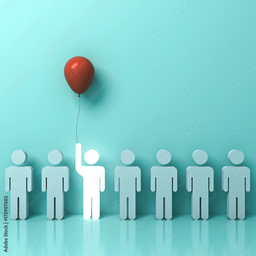 Poster stand out from the crowd and different concept , one glowing light man raising his hand with red bal