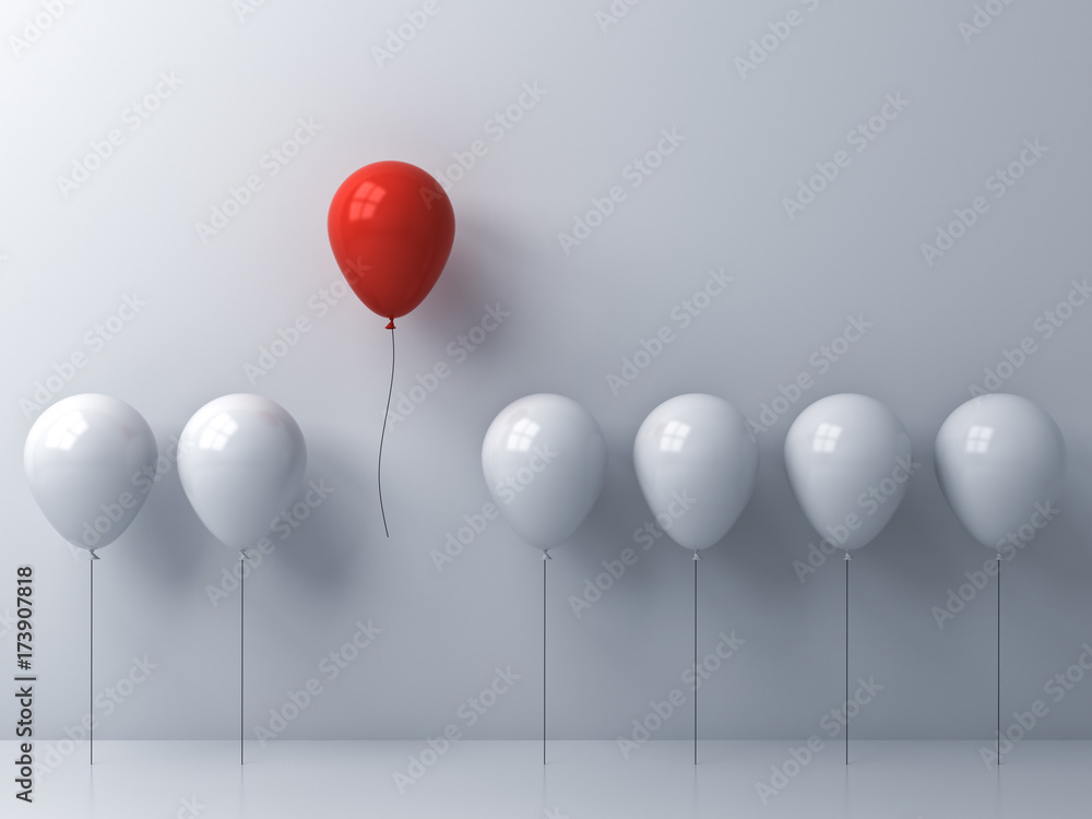 Fototapete stand out from the crowd and different concept , one red balloon flying away from other white balloo