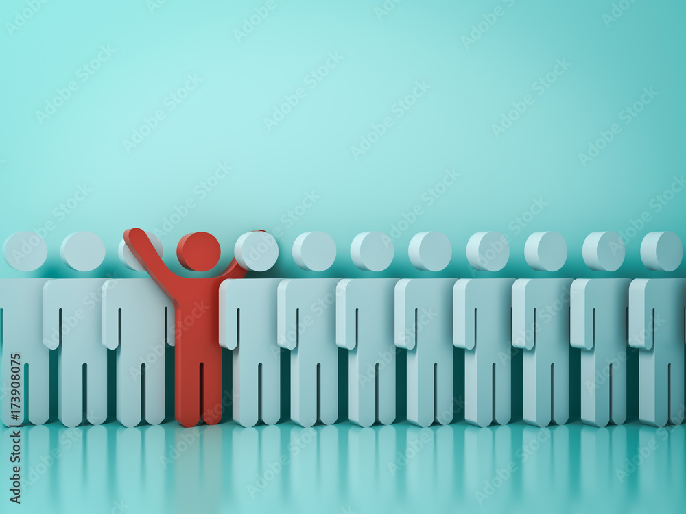 Poster stand out from the crowd and different creative idea concepts , one red man standing with arms wide 