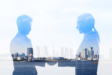 Business partnership concept. Multiple exposure.