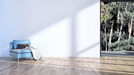 Modern bright living room, white wall. 3D rendering