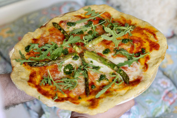 Italian pizza with cheese and asparagus. Italian Cuisine.