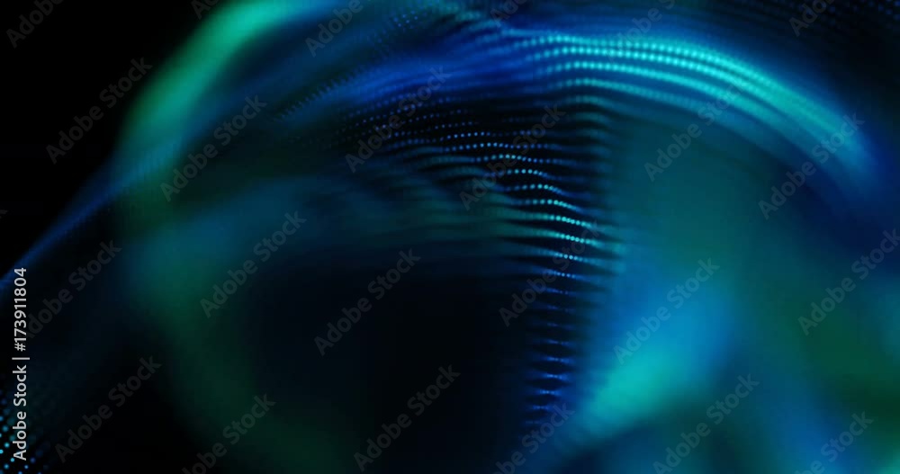 Poster 4k animated background loop with audio elements. 3d abstract digital wave of glowing particles and w