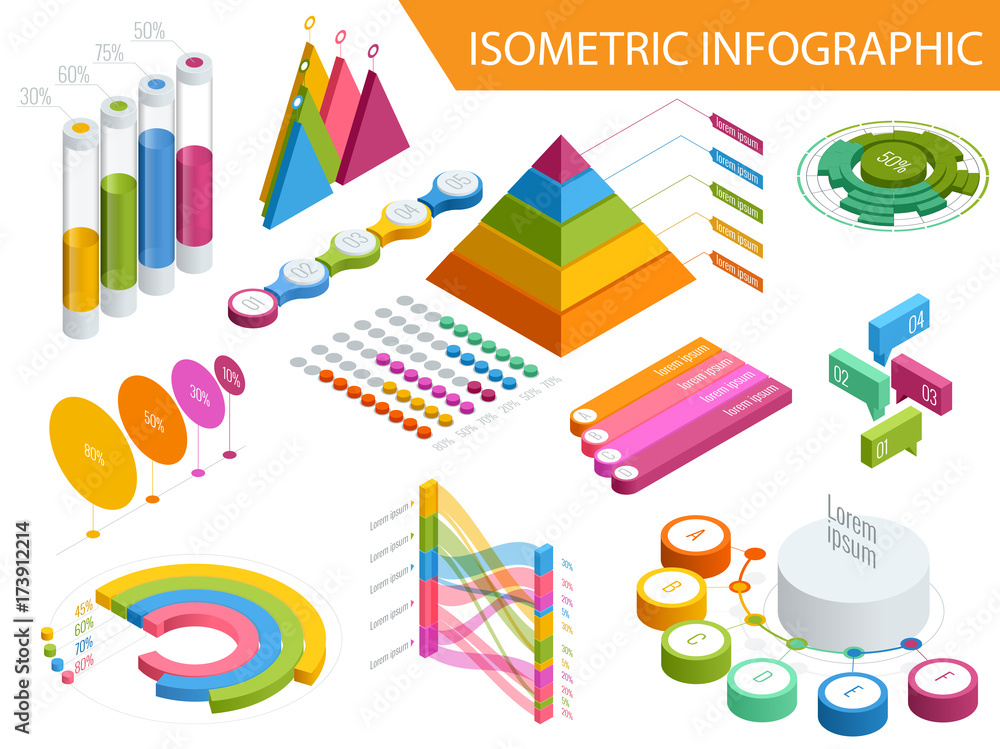 Poster flat 3d isometric infographic for your business presentations. big set of infographics with data ico