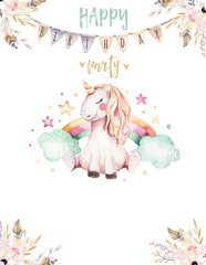 Isolated cute watercolor unicorn invitation card. Nursery unicorns illustration. Princess rainbow unicorns poster. Trendy pink cartoon horse.