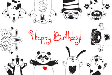 Birthday Card with Funny Animals Pig Bear Fox Sheep Cat Pug Panda Rabbit
