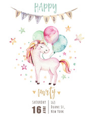Isolated cute watercolor unicorn invitation card. Nursery unicorns illustration. Princess rainbow unicorns poster. Trendy pink cartoon horse. © kris_art