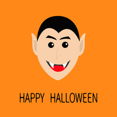 Count Dracula head smiling face. Cute cartoon vampire character with fangs. Happy Halloween. Greeting card. Flat design. Orange background. Isolated.