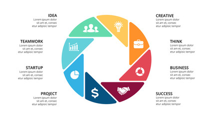 Vector circle arrows infographic, cycle diagram, geometric graph, presentation chart. Business concept with 8 options, parts, steps, processes. 16x9 slide template.