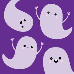 Flying ghost spirit set. Happy Halloween. Four scary white ghosts. Cute cartoon spooky character. Smiling Sad face, frightening scaring hands. Violet background. Greeting card Isolated. Flat design.