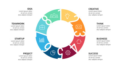 Vector circle arrows infographic, cycle diagram, geometric graph, presentation chart. Business concept with 8 options, parts, steps, processes. 16x9 slide template.