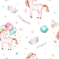 Isolated cute watercolor unicorn pattern. Nursery rainbow unicorns aquarelle. Princess unicornscollection. Trendy pink cartoon horse. © kris_art