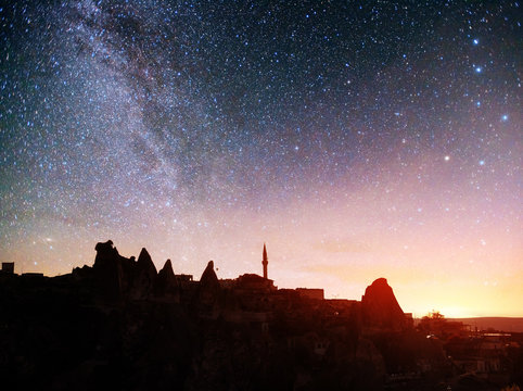 Review unique geological formations in Cappadocia, Picturesque starry sky in Goreme National Park