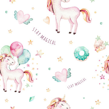 Isolated cute watercolor unicorn pattern. Nursery rainbow unicorns aquarelle. Princess unicornscollection. Trendy pink cartoon horse.