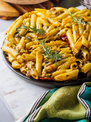 Italian Fried macaroni pizza with penne and bell peppers