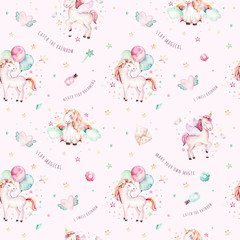 Isolated cute watercolor unicorn pattern. Nursery rainbow unicorns aquarelle. Princess unicornscollection. Trendy pink cartoon horse.