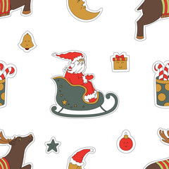 Christmas seamless pattern. Santa Claus in a sleigh, reindeer and gifts.