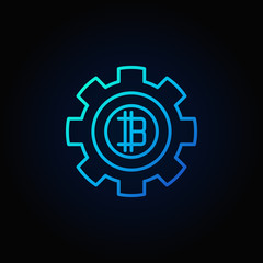 Bitcoin in gear blue icon. Vector crypto currency round minimal 