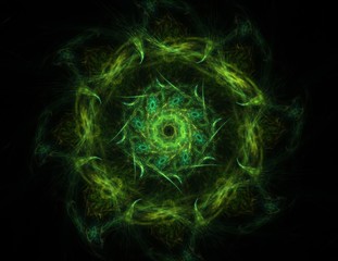 Particles of abstract fractal forms on the subject of nuclear physics science and graphic design. Geometry sacred futuristic