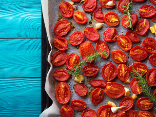 Red heirloom tomatoes baked with olive oil and garlic