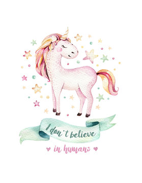 Isolated cute watercolor unicorn kids poster. Nursery unicorns illustration. Princess unicorns drawing. Trendy pink cartoon magic horse.