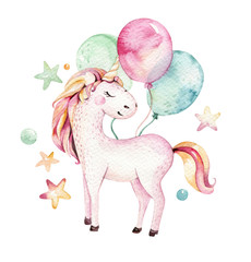 Isolated cute watercolor unicorn clipart. Nursery unicorns illustration. Princess rainbow unicorns poster. Trendy pink cartoon horse. © kris_art