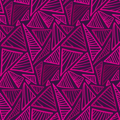 Doodle seamless pattern with scribbled triangles in purple color. Abstract fashion trendy vector texture with hand drawn shapes for textile, wrapping paper, cover, surface, background, wallpaper