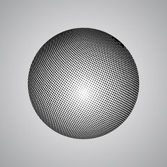 Abstract globe dotted sphere, 3d halftone effect vector background. Black and white vector illustration.
