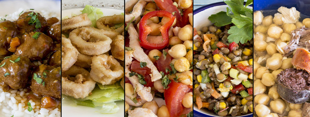 Collage with several images off various types of food.